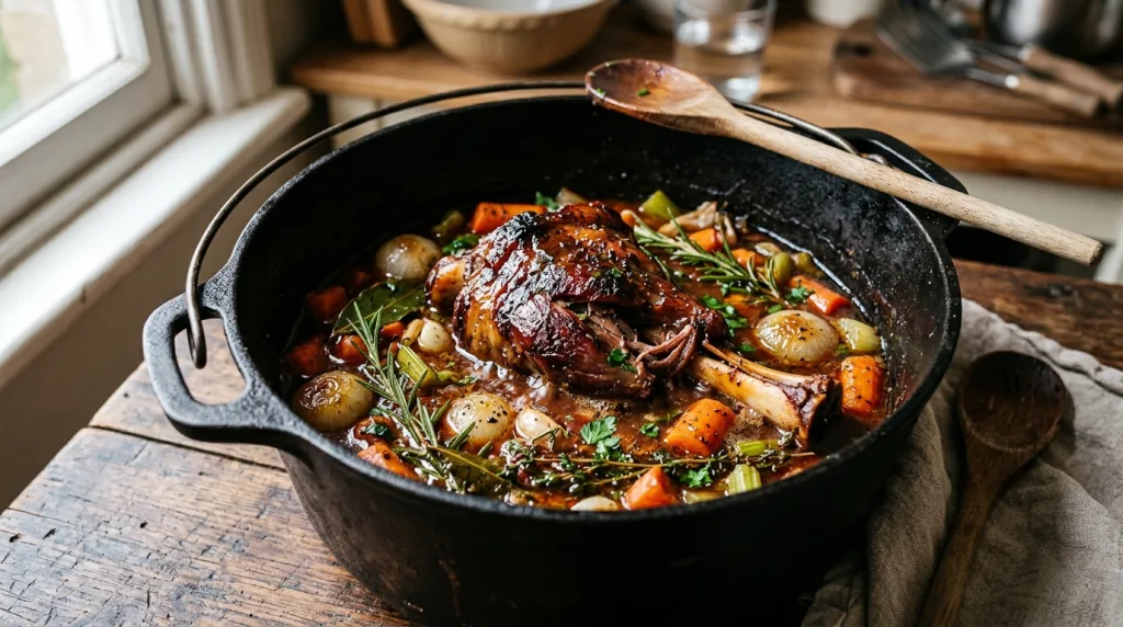 découvrez notre recette de souris d'agneau à la cocotte en fonte, une viande fondante et savoureuse cuite lentement en 2 heures pour un plat réconfortant et délicieux.